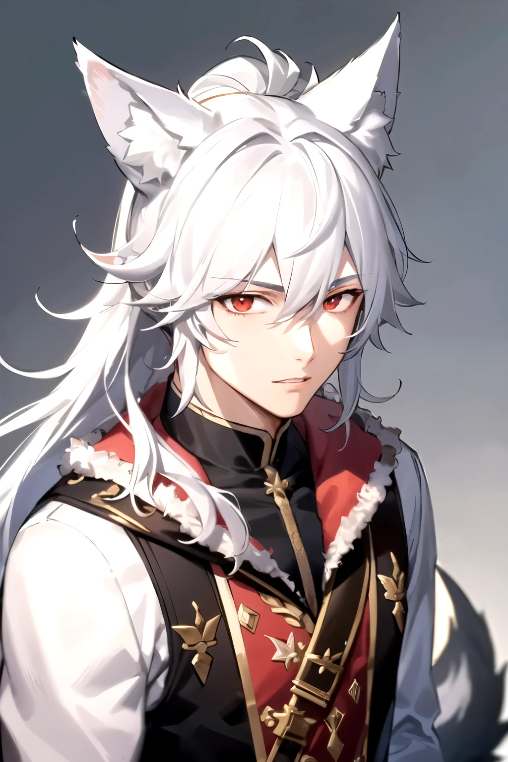 ((best quality)), ((masterpiece)), (detailed), perfect face, 1boy, handsome male, 20 to 30 years old, vtuber model, extra long hair, high ponytail, ((white wolf ears)), ((fluffy wolf tail)), messy hair, shiny skin, lineart, red eyes, silver hair