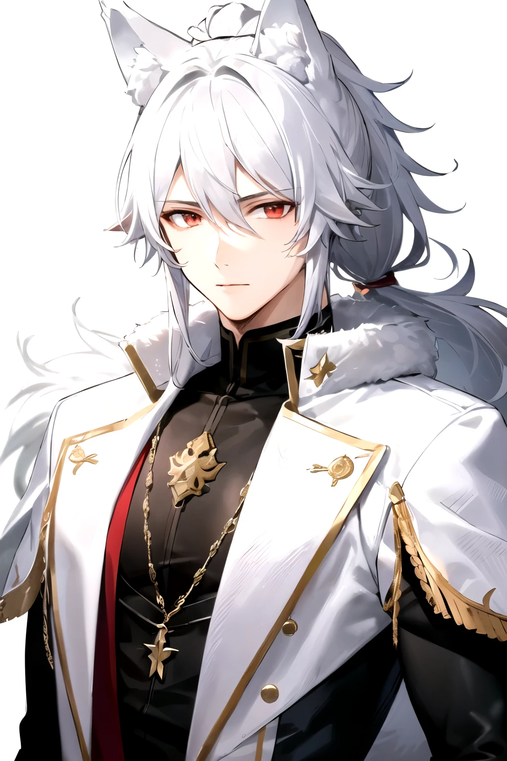 ((best quality)), ((masterpiece)), (detailed), perfect face, 1boy, handsome male, 20 to 30 years old, vtuber model, extra long hair, high ponytail, ((white wolf ears)), ((fluffy wolf tail)), messy hair, shiny skin, lineart, red eyes, silver hair