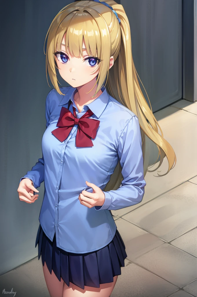 keikaruizawa, kei karuizawa, long hair, bangs, blunt bangs, (purple eyes:1.1), blonde hair, shirt, hair ornament, ponytail, scrunchie, blue scrunchie, (small breast:1.2),
BREAK skirt, shirt, bow, school uniform, jacket, (red jacket:1.2), pleated skirt, bowtie, sweater, (blue bow:1.2), (blue shirt:1.2),
BREAK indoors, classroom,
BREAK looking at viewer, BREAK (masterpiece:1.2), best quality, high resolution, unity 8k wallpaper, (illustration:0.8), (beautiful detailed eyes:1.6), extremely detailed face, perfect lighting, extremely detailed CG, (perfect hands, perfect anatomy),
