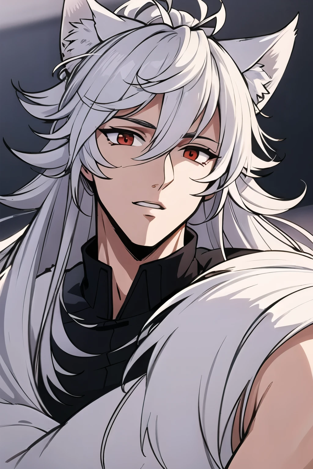 ((best quality)), ((masterpiece)), (detailed), perfect face, 1boy, handsome male, 20 to 30 years old, vtuber model, extra long hair, high ponytail, ((white wolf ears)), ((fluffy wolf tail)), messy hair, shiny skin, lineart, red eyes, silver hair