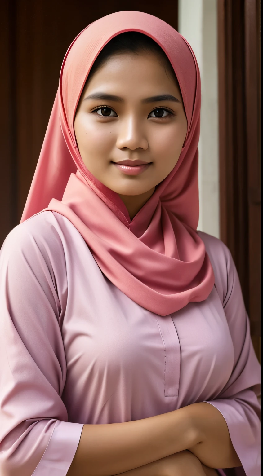 typical Malay girl with a natural skin tone, no make up, bare face, embodying the essence of a malay setting, potray her as a common malay malay girl. Wearing shawl and traditional Malay clothes. ultra sharp focus, realistic shot, tetradic colors.