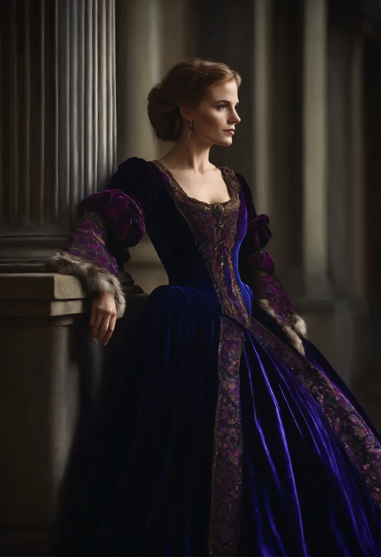A woman wearing a renaissance gown. The gown is a deep midnight blue and is made out of velvet. There is purple embroidery on the dress and there is fur on the sleeves and skirt of the dress. There are also floral patterns that are purple, green, and pink on the dress.