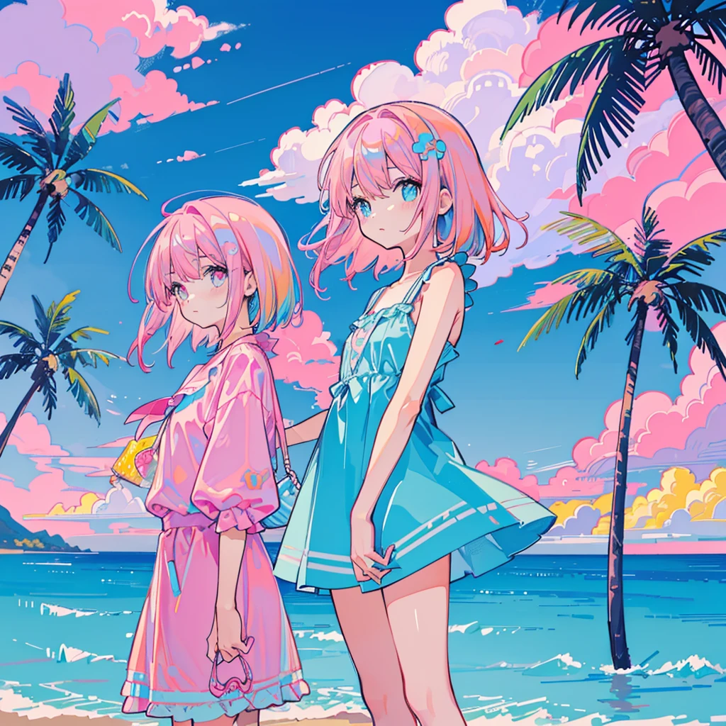 (seaside, pink sky, palm tree, blue classic car, blue and pink neon), (1 girl, pink hair, blue sundress, kawaii)