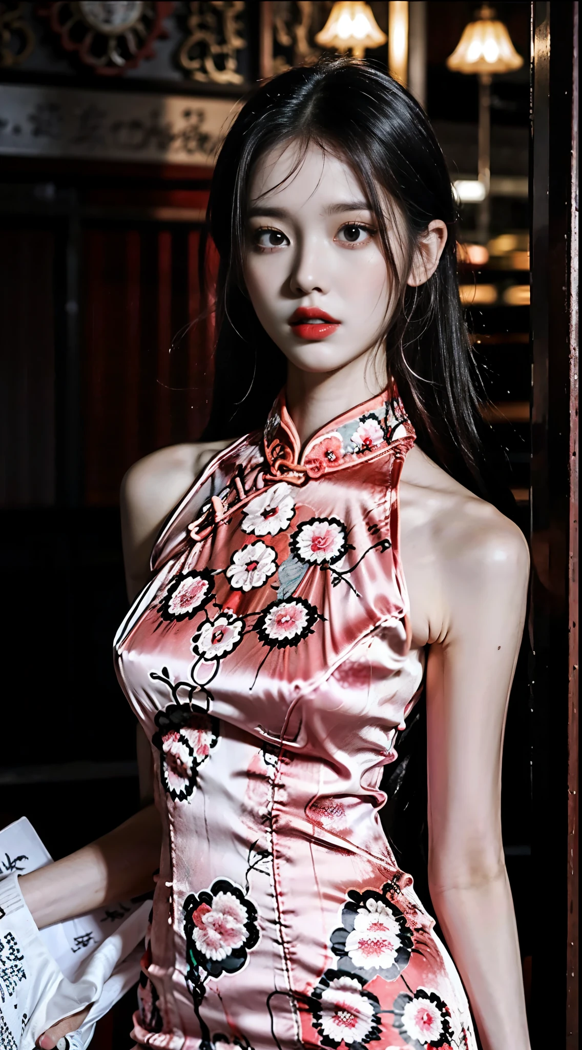 Lonely and lonely,Woman in pink cheongsam,She wears lipstick,There was darkness all around,Atmosphere at night,Full of Chinese atmosphere,She missed her lover,Deeply enveloped in sadness,Write brush words,The picture HD,A masterpiece。