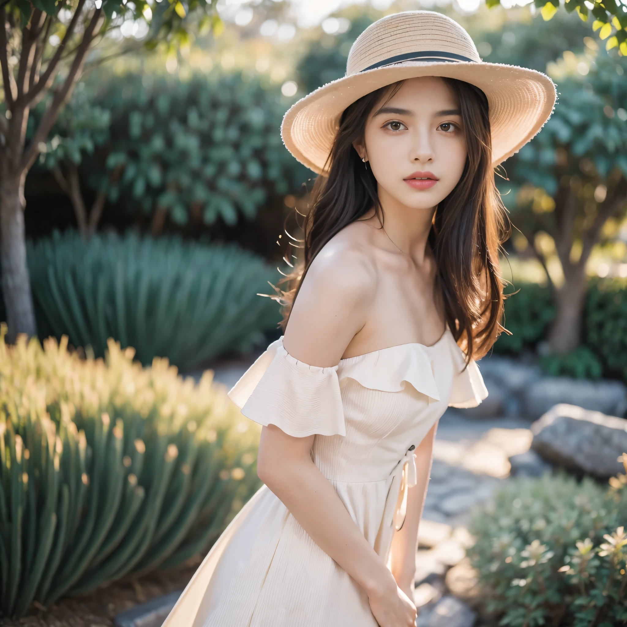 Obra maestra, La mejor calidad, ultra-high resolution, Foto de alto detalle, Unidad 8K Fondo de pantalla, CG extremadamente detallado:1.2),(Foto RAW:1.realistic photography:1.4), 1girll , joven, physically based representation, beautiful, (Cara finamente detallada:1.4, Ropa detallada), (Detallado:1.4) Cara hermosa, Profundidad de campo, Agregar capa, hiperrealista, 27 years old, Modelo de cuerpo perfecto, senos perfectos, 175cm de altura, pose sexy, cuerpo completo, Tipo de cuerpo del modelo, Strapless Pinstriped Bow Mini A-Line Dress, Akubra Hat, Cabello largo, (Eimi Fukada), doble parpado, depth of field, bokeh, japanese zen garden, golden hour lighting