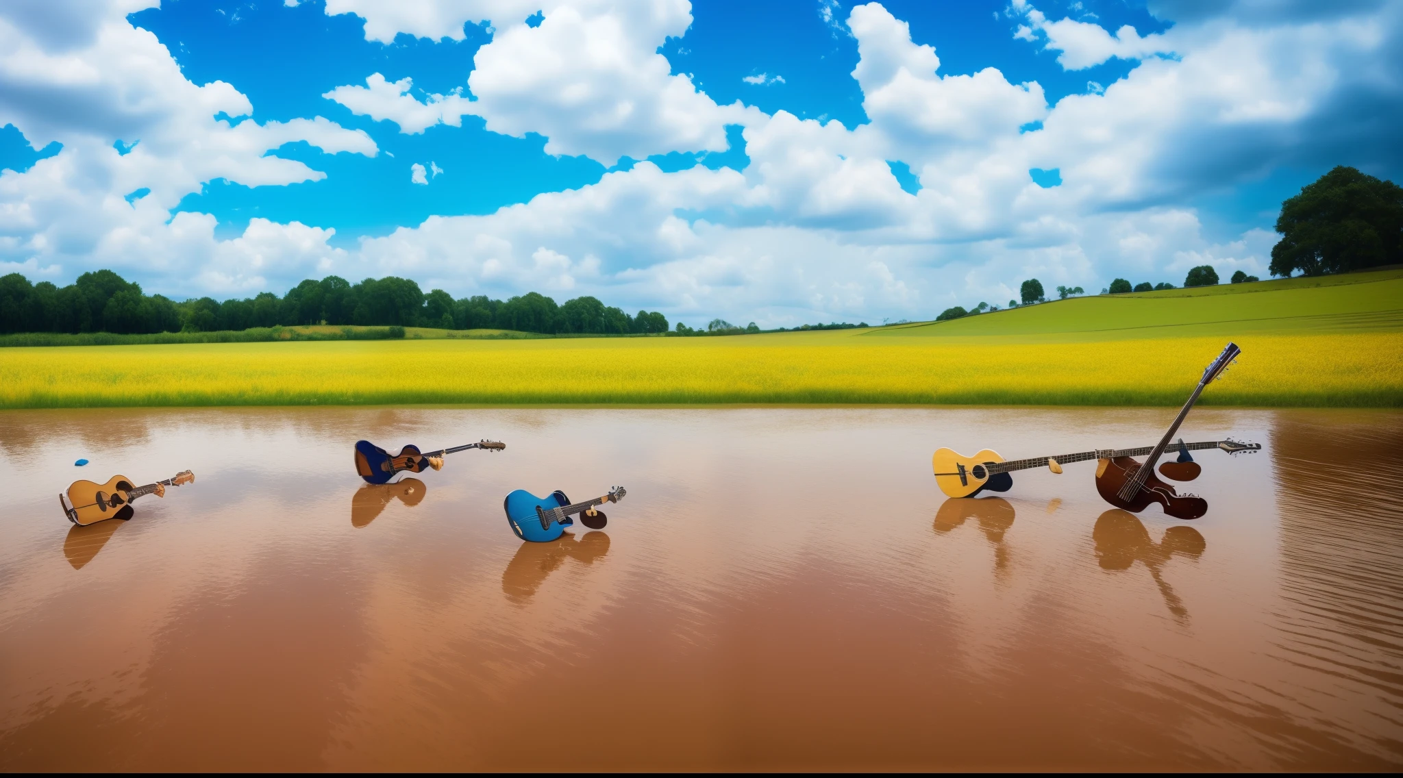 Chuva de notas musicas(((falling from sky))); Children playing guitars; (a view from below that shows the sky above and the open field below). Homem andando pela rua, dia chuvoso. guarda chuva quebrado. puddles of water. . Felicidade. Amor. Tristeza.(((guitars falling from the sky)))