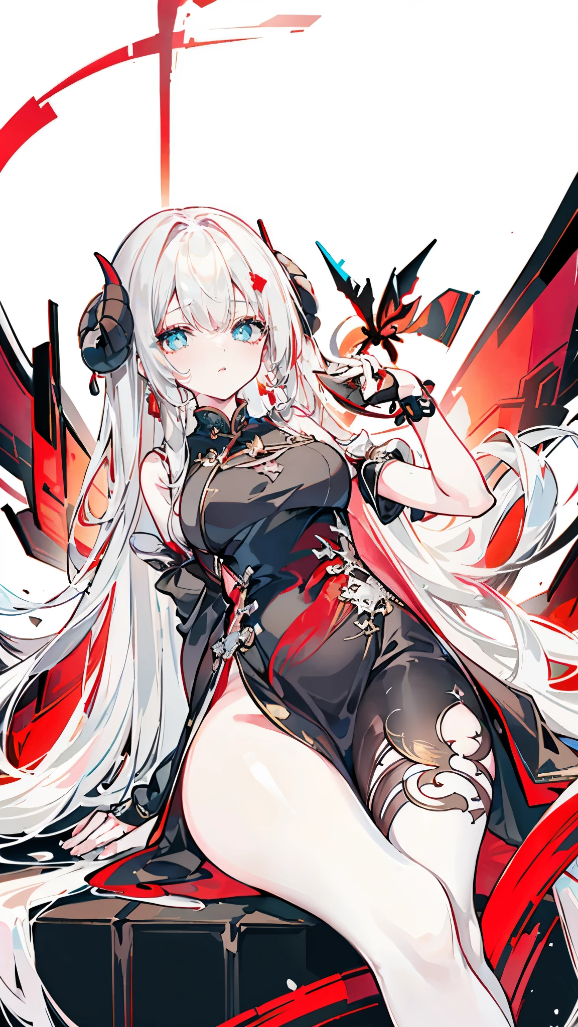 a girl，Sheep&#39;s horn, full color,  long white hair, Red眼睛 ，Eyeliner,  black transparent clothes, Red, open air, Rose, night, ruins, Butterfly，mine same as the original, mine, , (:1.2)
rest, (cheongsam), (view from below), (Put your arms behind your back), (wild lift), thin dress, Crotch cutout, best quality, high resolution, unified 8k wallpaper, (illustration:0.8), (Beautiful and delicate eyes:1.6), extremely detailed face, perfect lighting, Very detailed cg, (perfect hands, perfect anatomy),soles of feet，sitting，blond，red lips，Acting cuegs close-up