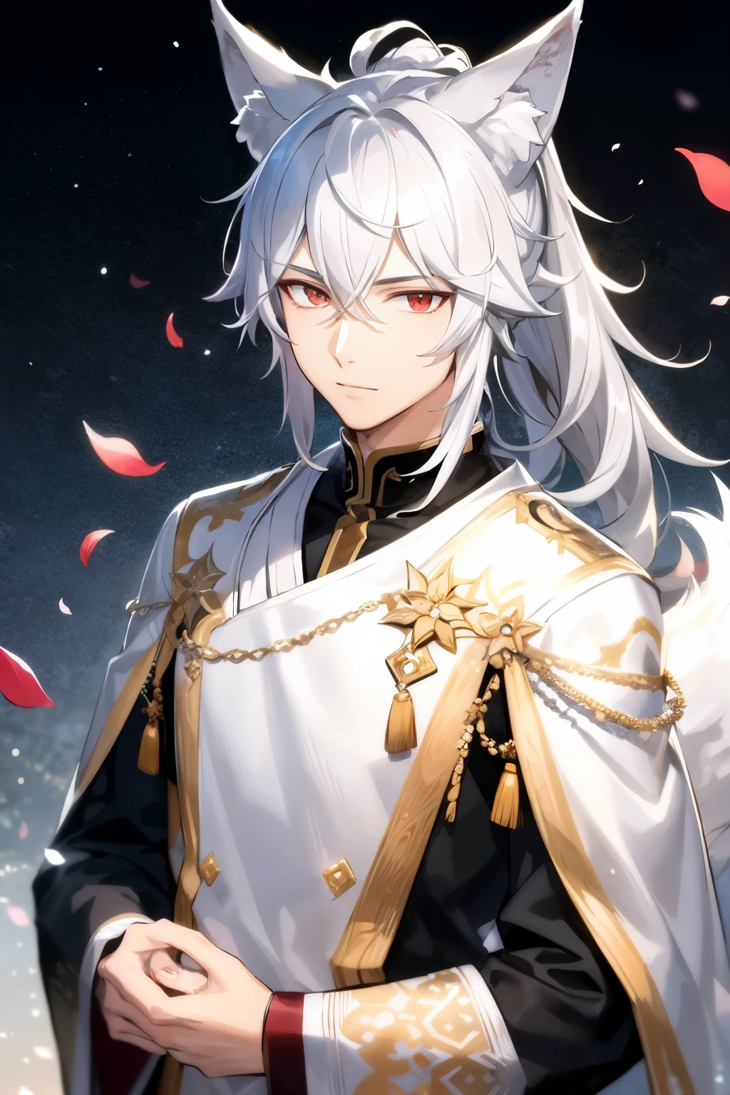 ((best quality)), ((masterpiece)), (detailed), perfect face, 1boy, handsome male, 20 to 30 years old, vtuber model, extra long hair, high ponytail, ((white wolf ears)), ((fluffy wolf tail)), messy hair, shiny skin, lineart, red eyes, silver hair, flower field, flower petals, bokeh, depth of field