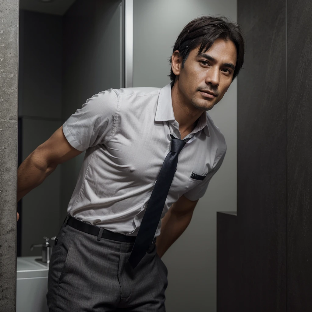 (the Extremely Detailed CG Unity 8K Wallpapers,masutepiece, Best Quality, Ultra-detailed), Gray background, 43-year-old male living in malaysia, 43 year old male city hall employee, very shorty hairstyle, A dark-haired, narrow facial contours, tthin eyebrows, Sharp eyes, high and thin nose, thin lipss, Physical slim, Shirt and tie, Strong impression