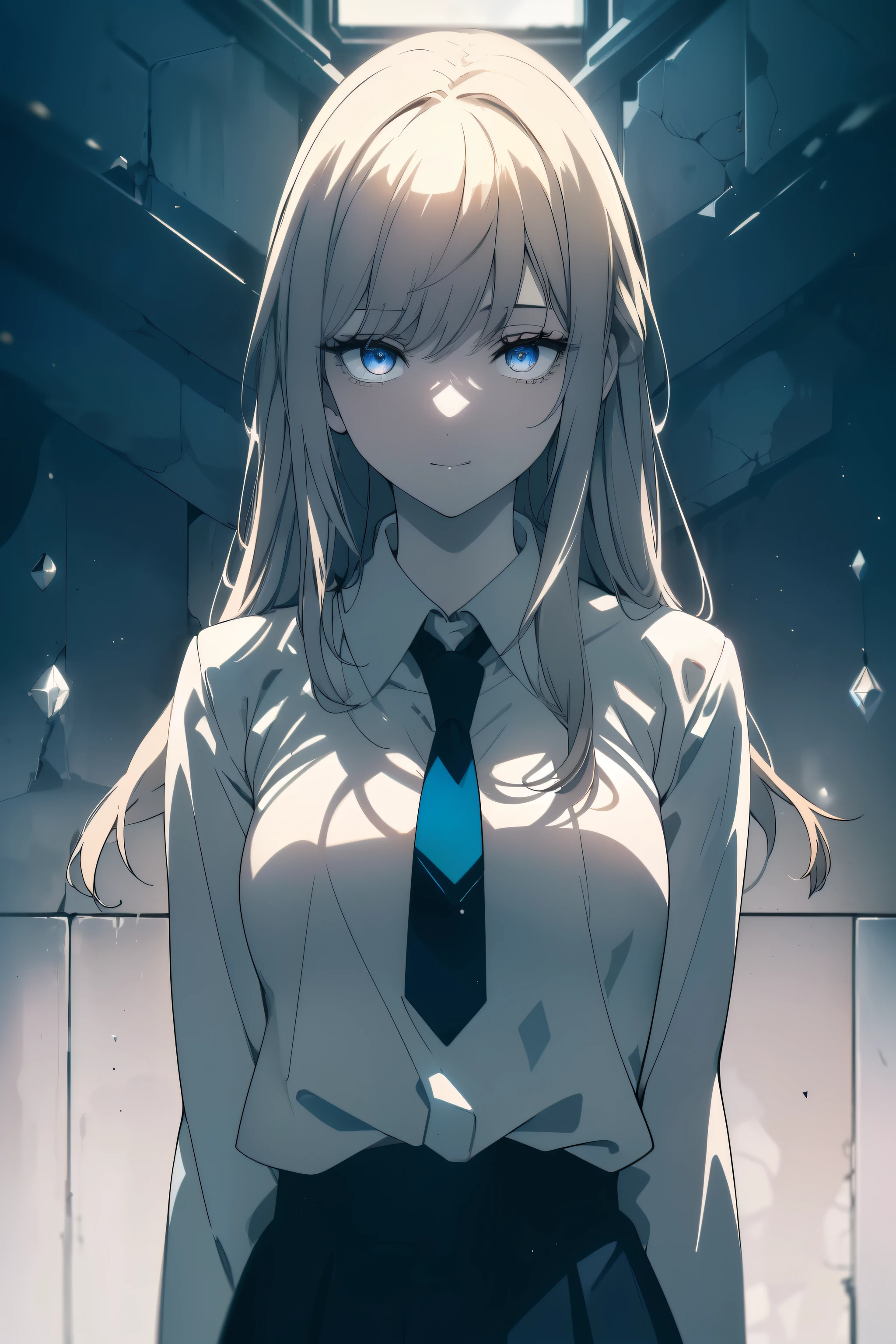 (masterpiece, best quality, ultra high resolution), 1 girl, permanent, Uniforms, white office shirt, black pleated skirt, ((light brown, light brown hair:0.7), cut long hair, pale skin, ((blue Eye)), luminescent_Eye, neon Eye, (ultra detailed Eye, Beautiful and detailed face, detailed Eye), ((center)), Smile, ((广角镜head)), for the audience, eye level, (blurry background, bright snowy background, winter), flat chest, looking at the audience, ((half closed Eye)), ((perfect hands)), (((head, arms, buttocks, Elbow, in sight))), ((Put your hands behind your back)), empty Eye, beautiful lights, external, outdoor, background, clear topic, 25 years old,