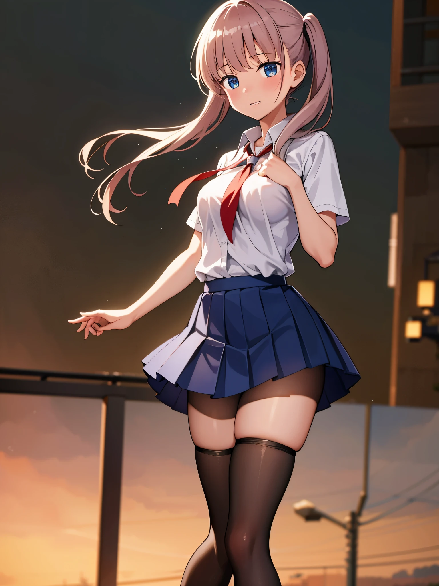 (1 girl),(high quality), (High resolution), (extremely detailed), (8K),(lower body shot),(She is wearing a school uniform and a dark blue short pleated skirt.),(wearing black pantyhose)not wearing shoes,perfect writing,(Beautifully erect nipple shape:1.2),High resolutionの美しい目,(neutral white lighting:1.2),Dancing in another world with strong winds