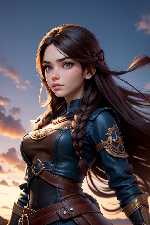 (Obra maestra, La mejor calidad) young 18 year old woman, Cabello largo, ojos azules, cabello rubio, brown hair, tenencia, boca cerrada, Parte superior del cuerpo, arma, trenza, al aire libre, tenencia arma, armadura vikinga, Estilo Juego de Tronos, medieval, realista.