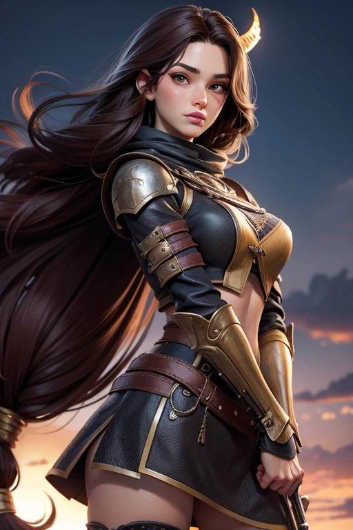 (Obra maestra, La mejor calidad) young 18 year old woman, Cabello largo, ojos azules, cabello rubio, brown hair, tenencia, boca cerrada, Parte superior del cuerpo, arma, trenza, al aire libre, tenencia arma, armadura vikinga, Estilo Juego de Tronos, medieval, realista.