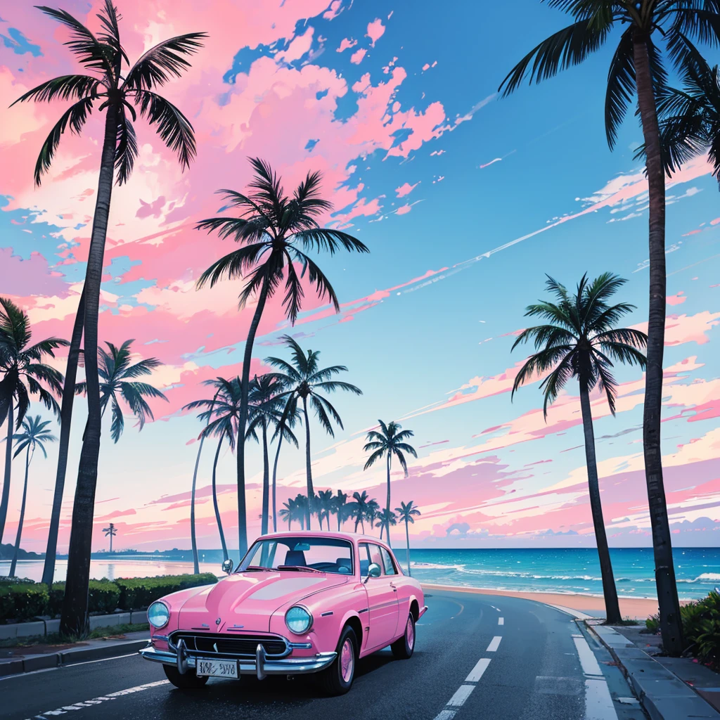 seaside, pink sky, palm tree, blue classic car, blue and pink neon
