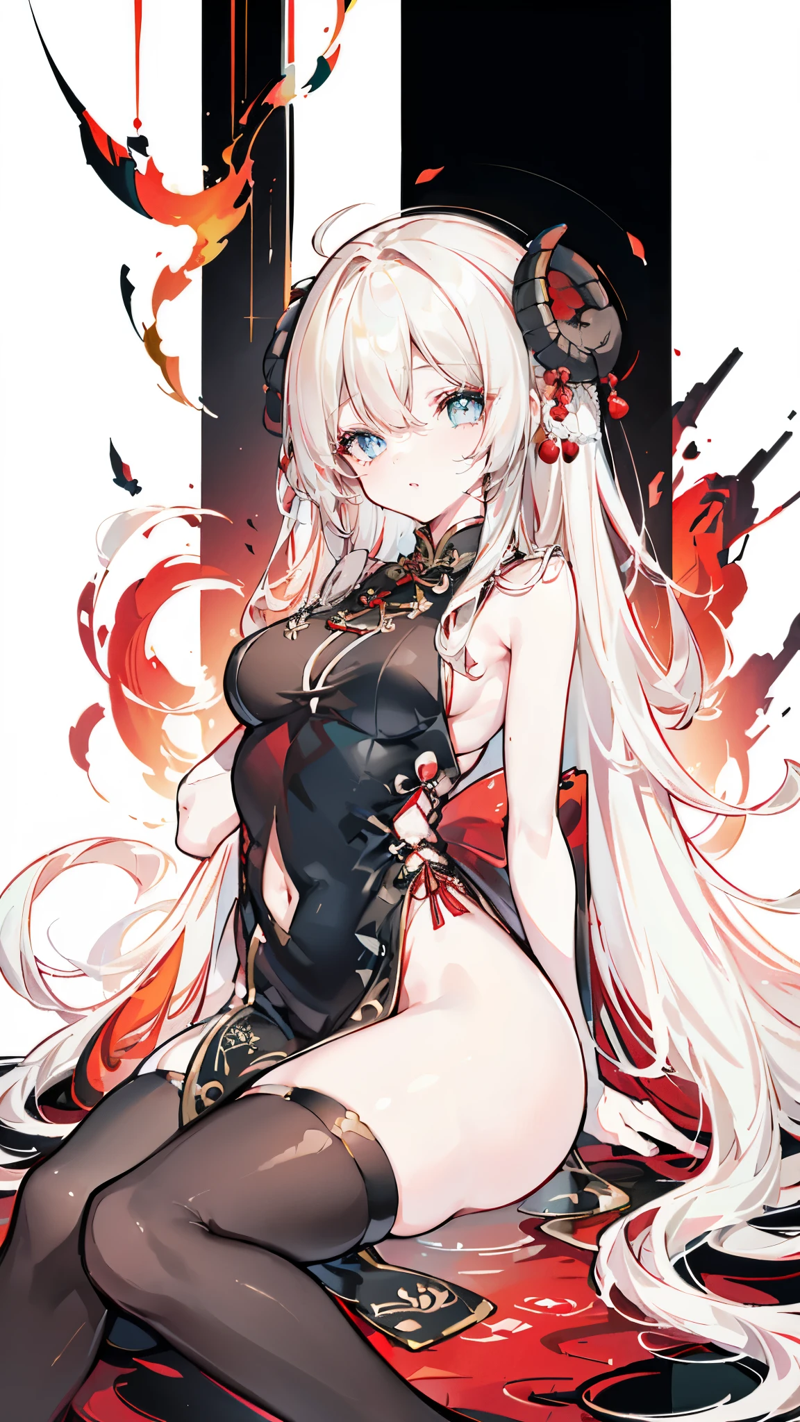 a girl,Sheep's horn, full color, long white hair, Red眼睛 ,Eyeliner, black transparent clothes, Red, open air, Rose, night, ruins, Butterfly,mine same as the original, mine, , (:1.2)
rest, (cheongsam), (view from below), (Put your arms behind your back), (wild lift), thin dress, Crotch cutout, best quality, high resolution, unified 8k wallpaper, (illustration:0.8), (Beautiful and delicate eyes:1.6), extremely detailed face, perfect lighting, Very detailed cg, (perfect hands, perfect anatomy),soles of feet,sitting,blond,red lips,Acting cute,close up,up-close
