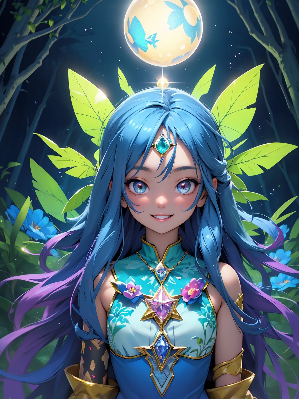 Digimon,having fun,1girl,illustration,colorful,vibrant lights,sparkling,detailed eyes,long hair,bright smile,playful pose,excited expression,towering trees,forest,pond,crystal clear water,butterflies,flowers,bubbly atmosphere,cute companions,fantasy world,magical adventure,best quality,ultra-detailed,portrait,vivid colors,daytime lighting