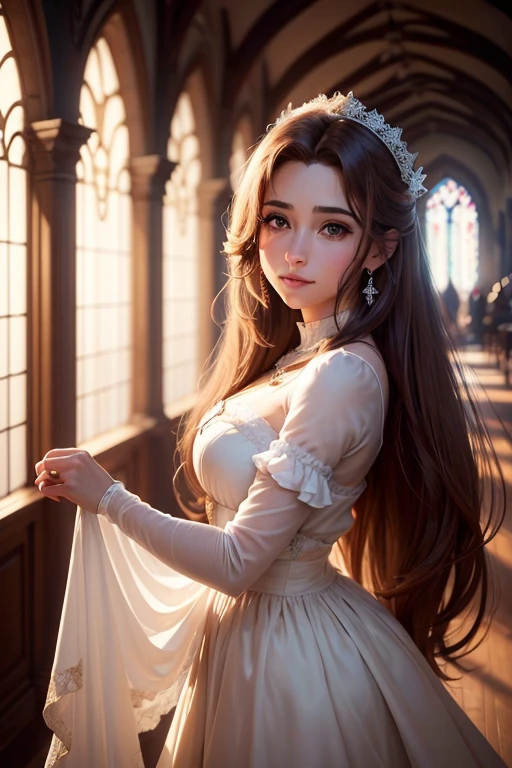 (high resolution, ultra detallado, Realista:1.37), Aerith, Final fantasy, cuerpo hermoso, hermosos ojos detallados, nariz orientada al detalle, deliciosos labios rojos, Cabello largo y suelto, sonrisa radiante, Corona elegante, Vestimenta real, Joyas intrincadas, pose elegante, charming expression, majestuosa iglesia al fondo, Colores vibrantes, Soft lighting, royal atmosphere, Atmospheric perspective, impresionante paisaje, nubes flotantes, magical aura, belleza eterna, Patrones intrincados, ethereal ambiance, contraste sorprendente, dreamy quality, cinematographic composition, vestido blanco, copo de nieve