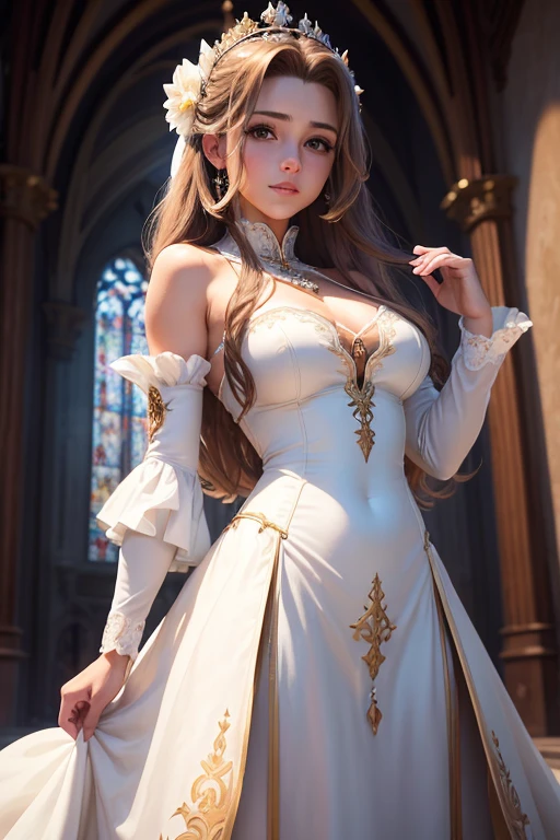 (highres, ultra-detailed, realistic:1.37), aerith, final fantasy, beautiful body, beautiful detailed eyes, detail-oriented nose, luscious lips, long flowing hair, radiant smile, elegant crown, royal attire, intricate jewelry, graceful pose, enchanting expression, majestic church in the background, vibrant colors, soft lighting, regal atmosphere, atmospheric perspective, stunning landscape, floating clouds, magical aura, timeless beauty, intricate patterns, ethereal ambiance, striking contrast, dreamlike quality, cinematic composition, white dress, flying feathers