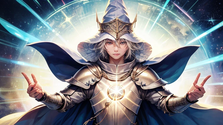 ((Great wizard and sorcerer)), ((White Wizard&#39;s Cloak and Hat)), ((Some of the knight&#39;s armor)), ((teenage boy)), ((early 20s)), compact, ((Male wizard)), Year 1, Masterpiece, nonsense, great details, HDR, alone, upper body, A charming expression, ((white skin)), Magic runes surrounded him., Magic circle in the background, ((Eye mask)), ((of folding arms)),