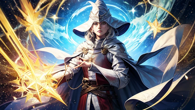 ((Great wizard and sorcerer)), ((White Wizard&#39;s Cloak and Hat)), ((Some of the knight&#39;s armor)), (( boy)), ((early 20s)), compact, ((Male wizard)), Year 1, Masterpiece, nonsense, great details, HDR, alone, upper body, A charming expression, ((white skin)), Magic runes surrounded him., Magic circle in the background, ((Eye mask)), ((of folding arms)),