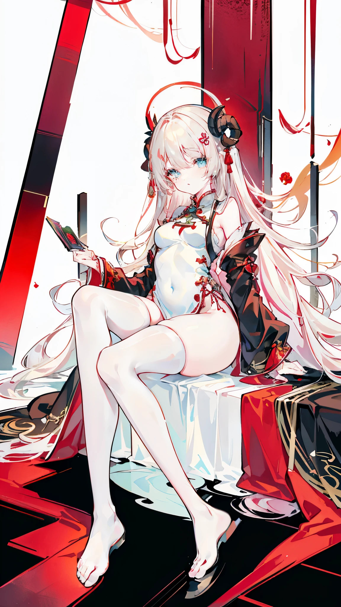 a girl，Sheep&#39;s horn, full color,  long white hair, Red眼睛 ，Eyeliner,  black transparent clothes, Red, open air, Rose, night, ruins, Butterfly，mine same as the original, mine, , (:1.2)
rest, (cheongsam), (view from below), (Put your arms behind your back), (wild lift), thin dress, Crotch cutout, best quality, high resolution, unified 8k wallpaper, (illustration:0.8), (Beautiful and delicate eyes:1.6), extremely detailed face, perfect lighting, Very detailed cg, (perfect hands, perfect anatomy),soles of feet，sitting，blond，red lips，Acting cute，close up，up-close