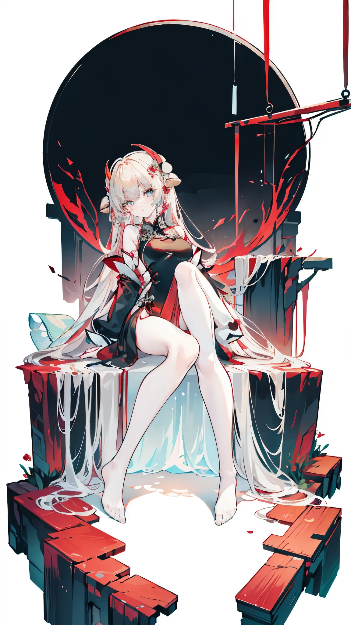 a girl，Sheep&#39;s horn, full color,  long white hair, Red眼睛 ，Eyeliner,  black transparent clothes, Red, open air, Rose, night, ruins, Butterfly，mine same as the original, mine, , (:1.2)
rest, (cheongsam), (view from below), (Put your arms behind your back), (wild lift), thin dress, Crotch cutout, best quality, high resolution, unified 8k wallpaper, (illustration:0.8), (Beautiful and delicate eyes:1.6), extremely detailed face, perfect lighting, Very detailed cg, (perfect hands, perfect anatomy),soles of feet，sitting，blond，red lips，Acting cute，close up，up-close