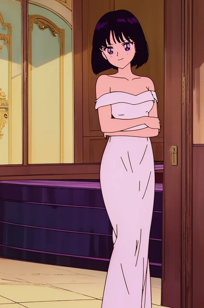 Hotaru_Tomoe, Best quality, masterpiece, Teenager, Short Hair, Black Hair, Bob Hair, Bob Haircut, Purple Eyes, Smile, Bare Neck, Bare Arms, Bare Shoulders, Strapless, white maxi dress, Lace fold off shoulder prom dress, inside mansion background,cowboy shot, arms behind back, 1 girl, solo