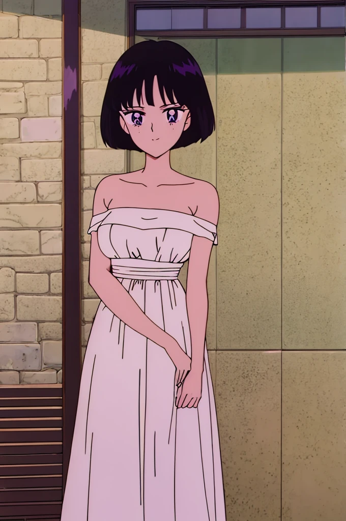Hotaru_Tomoe, Best quality, masterpiece, Teenager, Short Hair, Black Hair, Bob Hair, Bob Haircut, Purple Eyes, Smile, Bare Neck, Bare Arms, Bare Shoulders, Strapless, white maxi dress, Lace fold off shoulder prom dress, inside mansion background,cowboy shot, arms behind back, 1 girl, solo