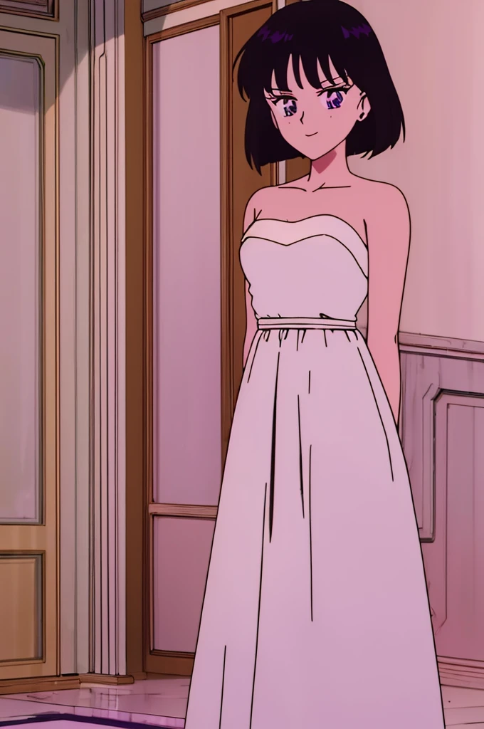 Hotaru_Tomoe, Best quality, masterpiece, r, Short Hair, Black Hair, Bob Hair, Bob Haircut, Purple Eyes, Smile, Bare Neck, Bare Arms, Bare Shoulders, Strapless, white maxi dress, Lace fold off shoulder prom dress, inside mansion background,cowboy shot, arms behind back, 1 girl, solo