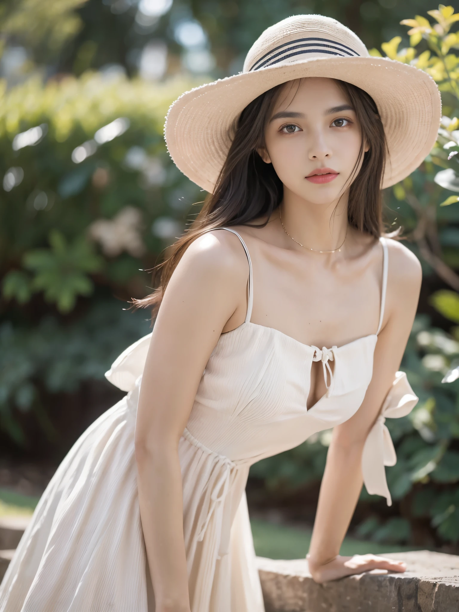 Obra maestra, La mejor calidad, ultra-high resolution, Foto de alto detalle, Unidad 8K Fondo de pantalla, CG extremadamente detallado:1.2),(Foto RAW:1.realistic photography:1.4), 1girll , joven, physically based representation, beautiful, (Cara finamente detallada:1.4, Ropa detallada), (Detallado:1.4) Cara hermosa, Profundidad de campo, Agregar capa, hiperrealista, 27 years old, Modelo de cuerpo perfecto, senos perfectos, 175cm de altura, pose sexy, cuerpo completo, Tipo de cuerpo del modelo, Strapless Pinstriped Bow Mini A-Line Dress, Akubra Hat, Cabello largo, (Eimi Fukada), doble parpado, depth of field, bokeh,