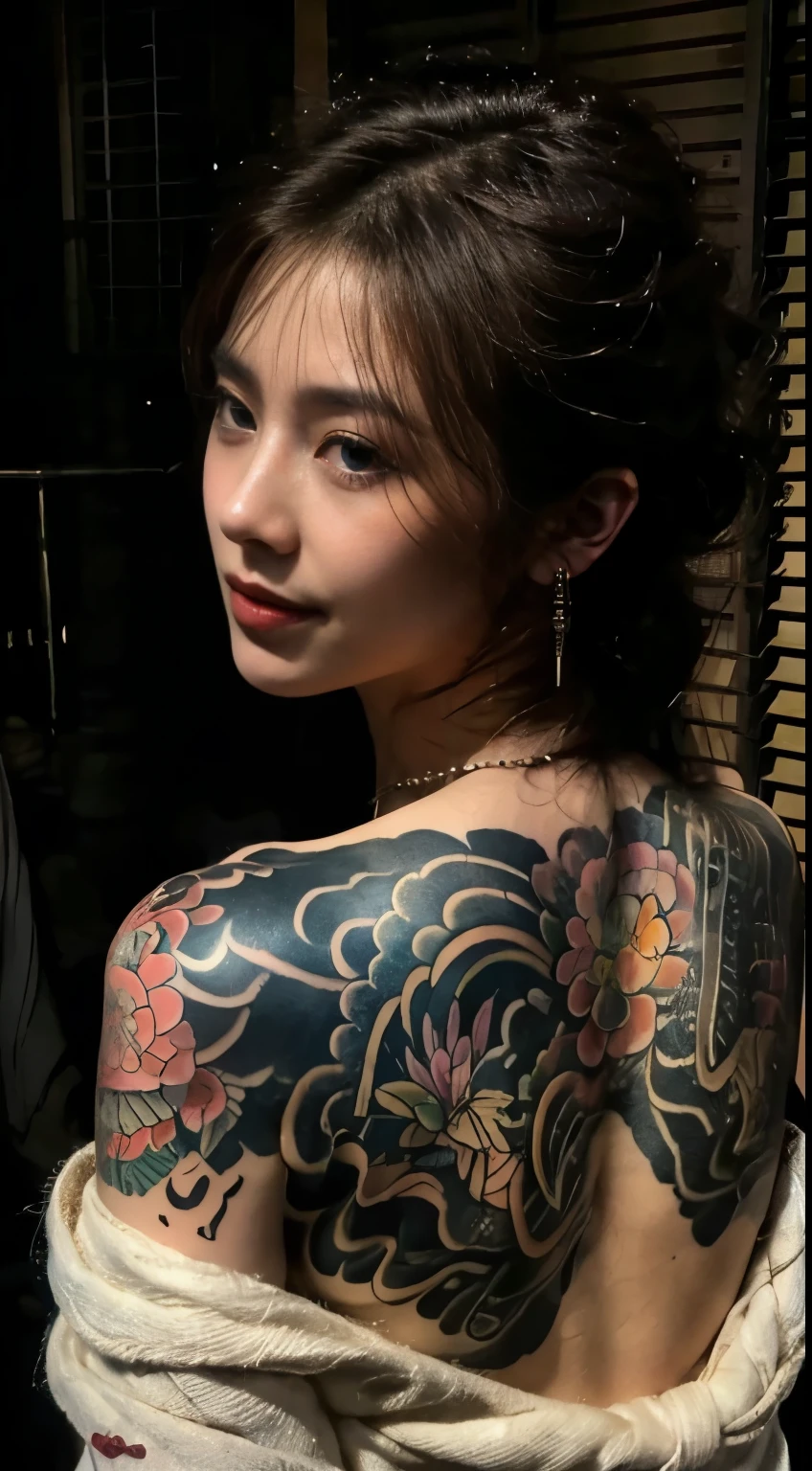 (best quality,highres:1.2), (photorealistic:1.4),low angle portrait, seen from back, yakuza girl soaking on onsen in the lost city,look at viewer,detailed face,beautiful detailed grey blue eyes,beautiful detailed lips,seductive smile,eyebrows well-groomed,long eyelashes, perfect nice face with soft skinice face, clear skin ,natural blush,slim body posture, exposed shoulder,intricate detailed and vibrant irezumi tattoo on back body,elegant and intricate jewelry,delicate necklace and earrings,traditional hair accessories,short hair with bangs,shiny gemstones,soft and flawless makeup,soft and natural lighting,subtle shadows on the face,radiant and vibrant colors,photorealistic rendering, photon mapping, foggy and dramatic atmosphere