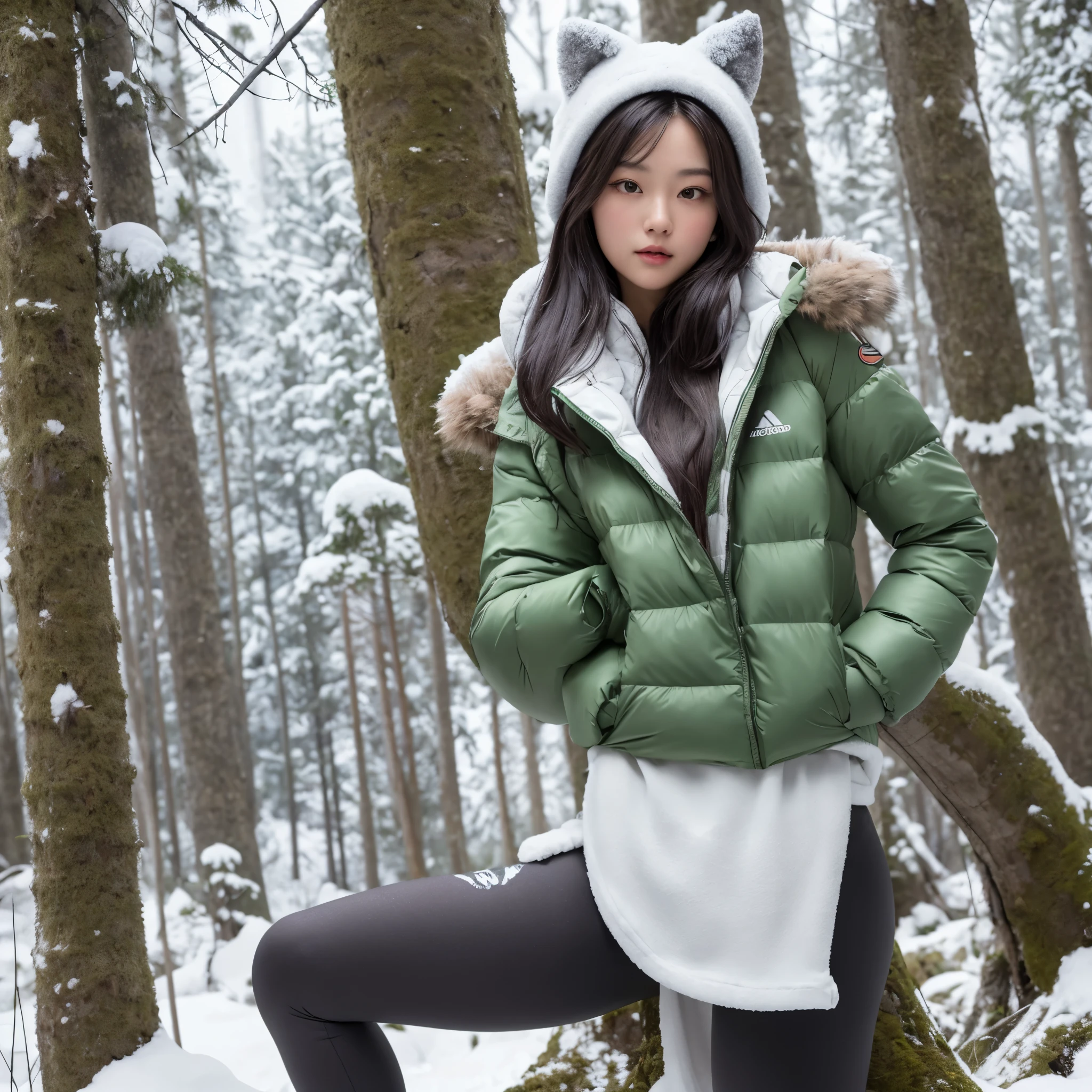 ((best quality)), ((masterpiece)), (detailed), perfect face, Portrait photo of an extremely beautiful 25 years old asian woman in a snowy green forest. cute face. round face. green pine leaves. long hair. Athletic body, beautiful long hair, hot girl posing in a snowy forest. . Top image quality、Beautiful Women in Perfect Style、training wear、fitness wear, Sports Legging, tight pants, Full body photo, round butt, sexy legs. furry boots. well proportioned body. nice butt. well lit. round butt. snow on the trees. Wonderland vibe. Hands on hips. Puffer jacket. face is not visible. medium thighs.
