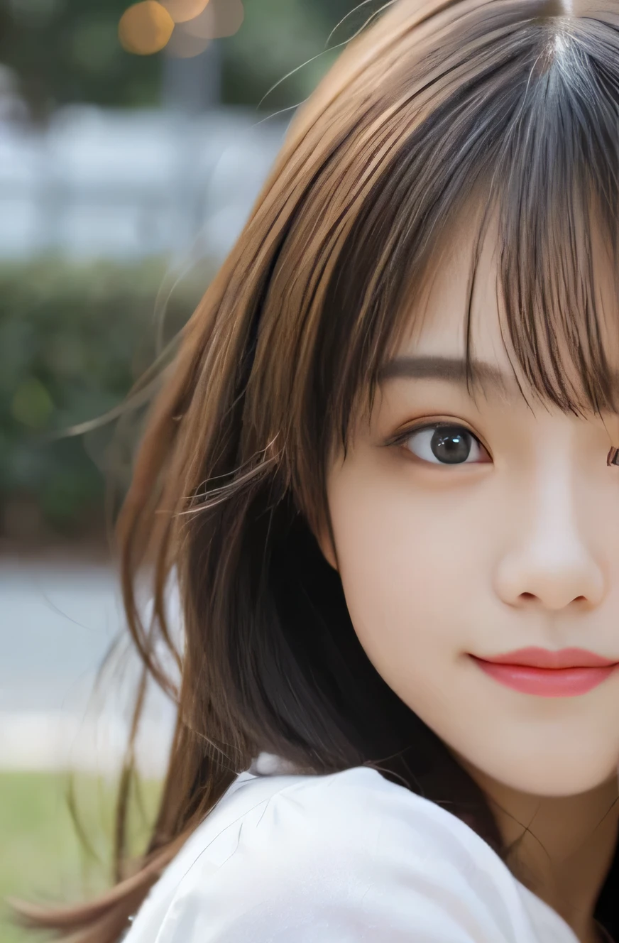 highest quality, Focus on the eyes, soft light, Use reflector to brighten your face, (Depth of bounds written) ,ultra high resolution, (realistic:1.4), RAW photo, (Bokeh:1.4), 1 girl, japanese woman, so beautiful, nogizaka girls, female idol, very pretty, alone, cute, (smile shyly:1.3), round big eyes, droopy eyes, medium sized breasts, brown hair, small nostrils, (looking at the viewer:1.2),