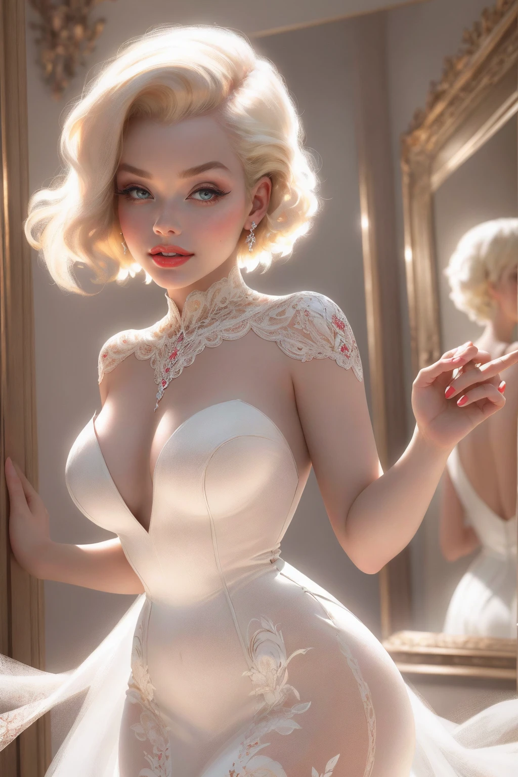 (Masterpiece - Ultra-Detailed, High Resolution) Prepare to be enchanted by a true masterpiece that combines ultra-detailed art with high-resolution rendering. This work shows a mesmerizing woman, with short, light blonde hair, 1950s style, Marilyn Monroe (1.3) and captivating brown eyes (1.2), New York illustration style, wearing red lipstick, emanating an aura of elegance and mystery. Wearing classic 1950s clothing. sexy. Intricate details and realistic textures invite you to explore every aspect of this enchanting composition. Transparent white dress. Different pose. Get ready to dive into a world where beauty and craftsmanship merge perfectly.