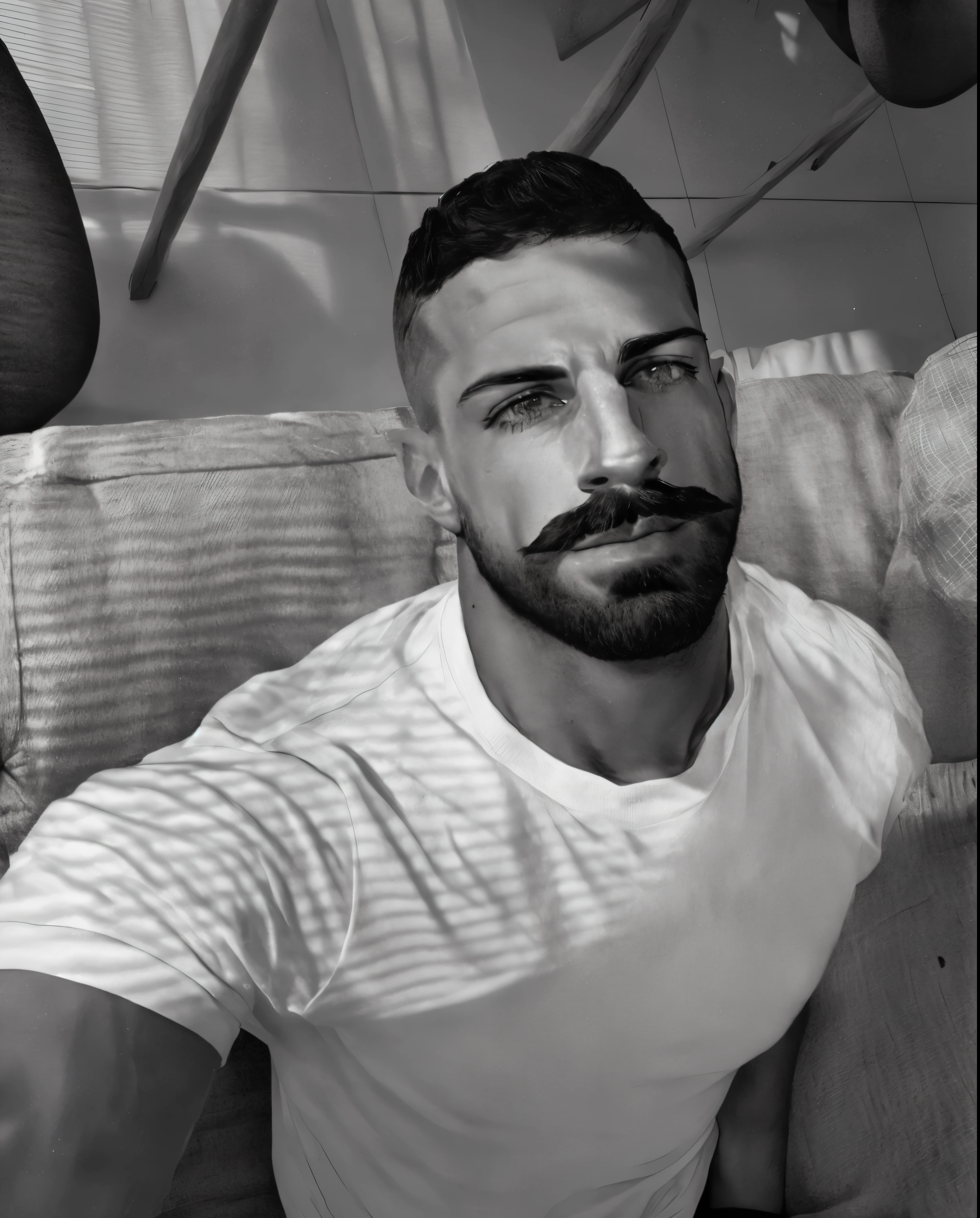 faaris azura with a beard sitting on a couch in a room, raphael lecoste, he got a big french musctache, short beard, handsome faaris azura, model faaris azura, short facial hair, by Theo Constanté