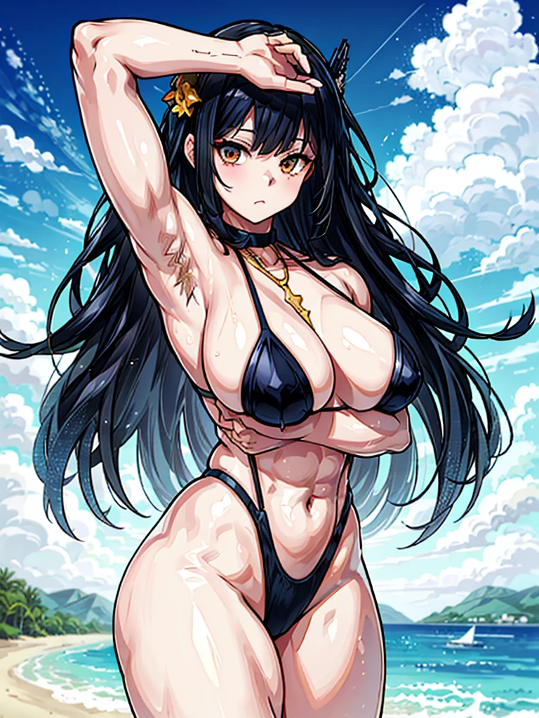 (((masterpiece、Highest image quality、highest quality、highly detailed unity 8kwallpaper)))、((Illustration of one girl))、(((beautiful girl)))、((black hair、Very Longhair、straight、golden hair ornament、red eyes、Three white eyes:1.4))、(tall、stocky build:1.3, thickset physique:1.3, muscular legs, broad shoulders, solid chest,Armpit Hair:1.4)、swimsuit、sandy beach