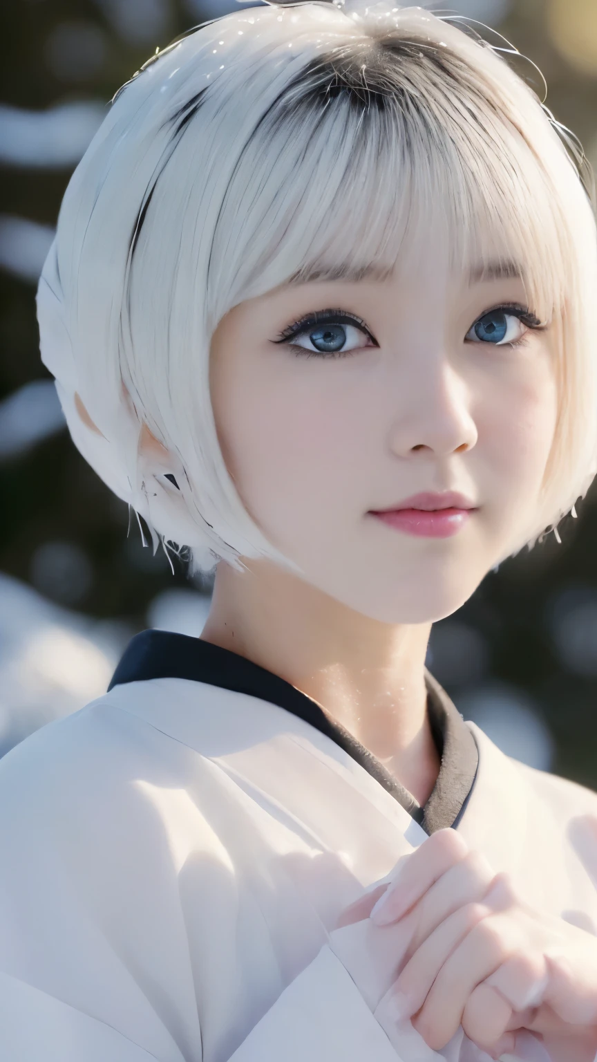 ((Best-quality, Masterpiece, Ultra-High-Resolution, (Photorealistic:1.4), Raw-Photo, Extremely-Details, Perfect-Anatomy)), 1girls, 18-years-old, the most popular Japanese-idol, standing at snowy mountain, innocent smile, (((((hit a viewer, claw-pose, extremely cute face like a most famous Japanese-idol, extremely beautiful big-black-eyes, extremely beautiful white-short-cut-haired))))), extremely beautiful lips, extremely beautiful long-eyelashes, extremely beautiful white-skins, extremely beautiful hands, extremely beautiful fingers, wearing only white-Japanese-KIMONO, detailed snowy-mountain, detailed white-Japanese-KIMONO