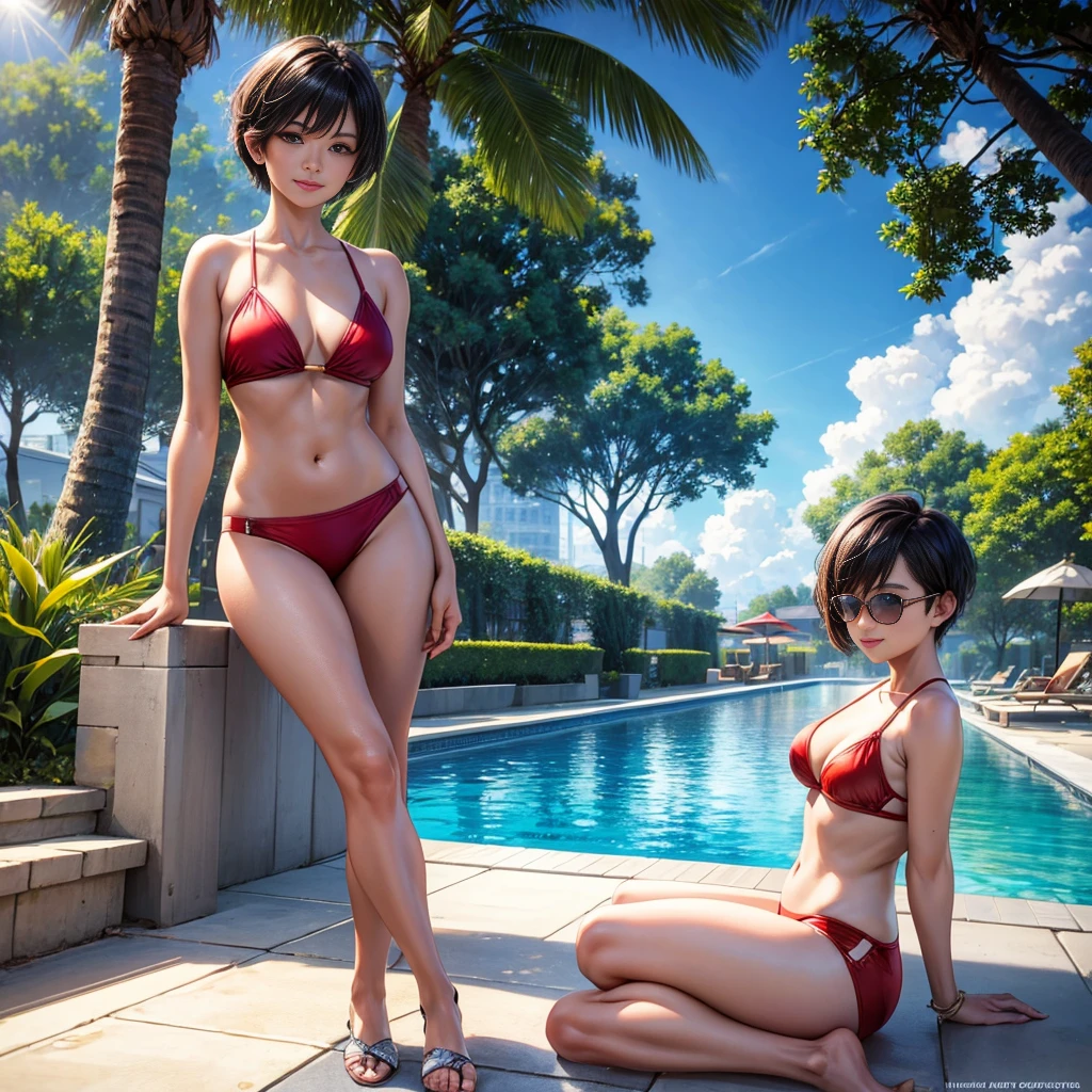 masterpiece, best quality, 1 girl, solo, effect, high resolution realistic of petite malay women aged 40 year old. beautiful charming, small smile, short pixie cut hair style, wear sun glasses, sitting near swimming in pool, 4k hd, fidelity. full body shot. Red 3 piece bikini. 