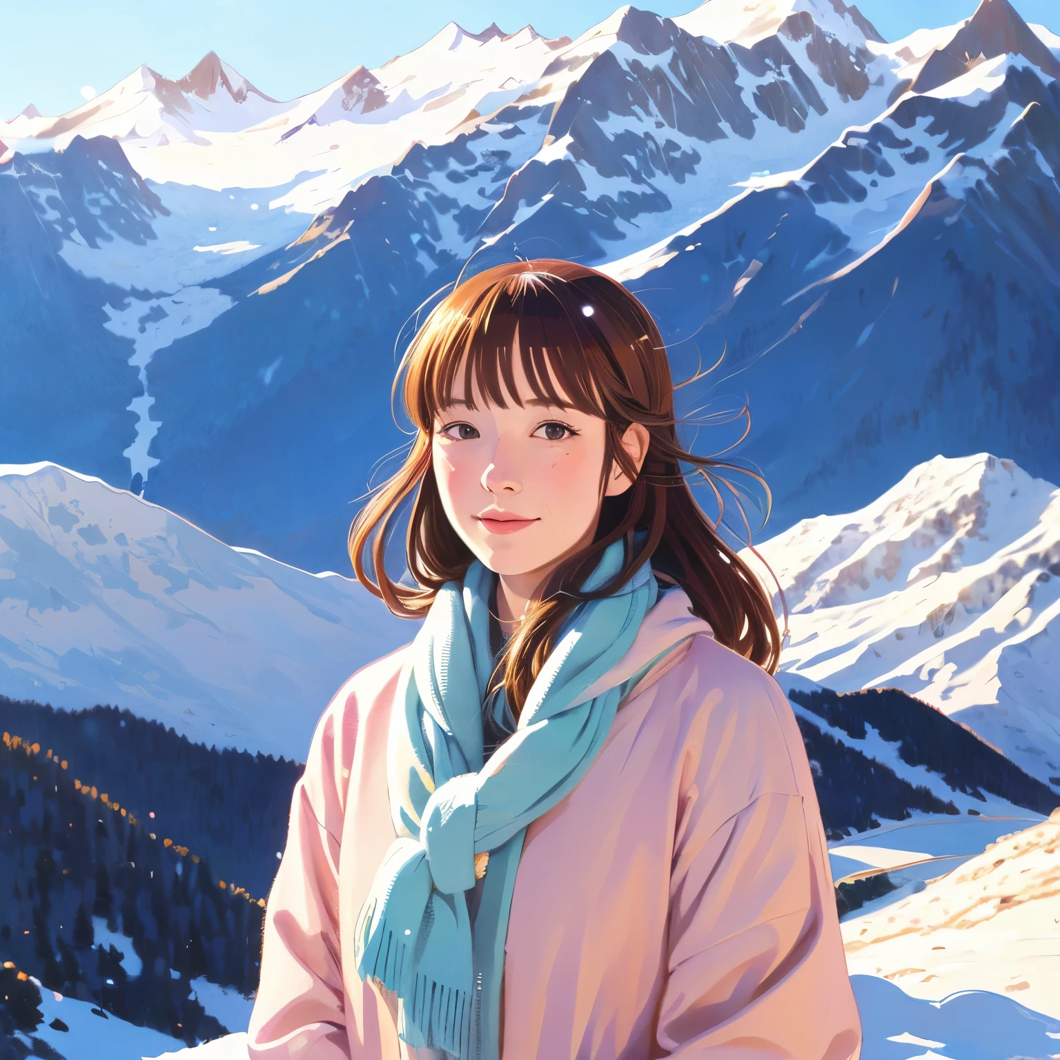 illustration style, ukiyo-e, Showa anime, mature woman, snow, (Sensitive), Asahi, mountains in the background, (highest quality, super detailed, realistic:1.37, portrait, Bright colors, Natural light)