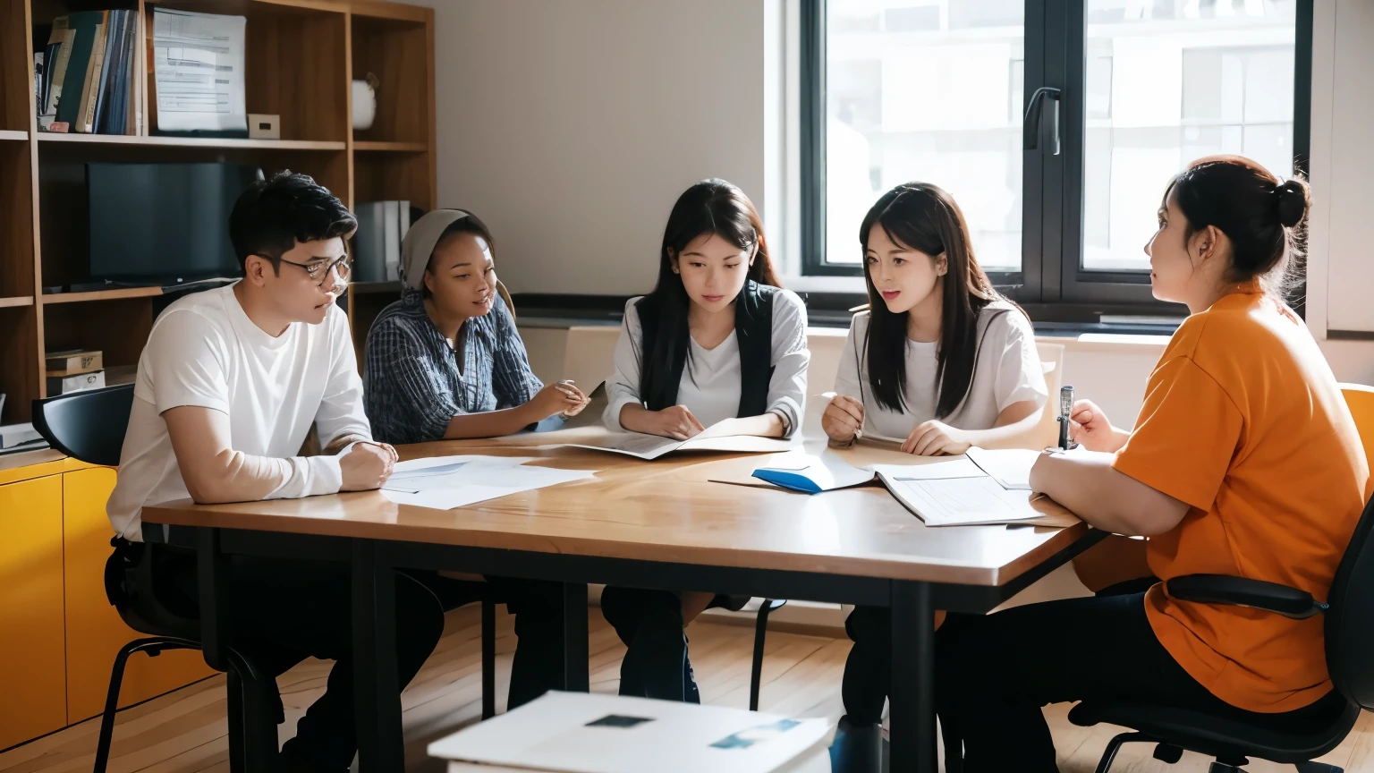 A group of workers in an enterprise discuss work together,There are men and women