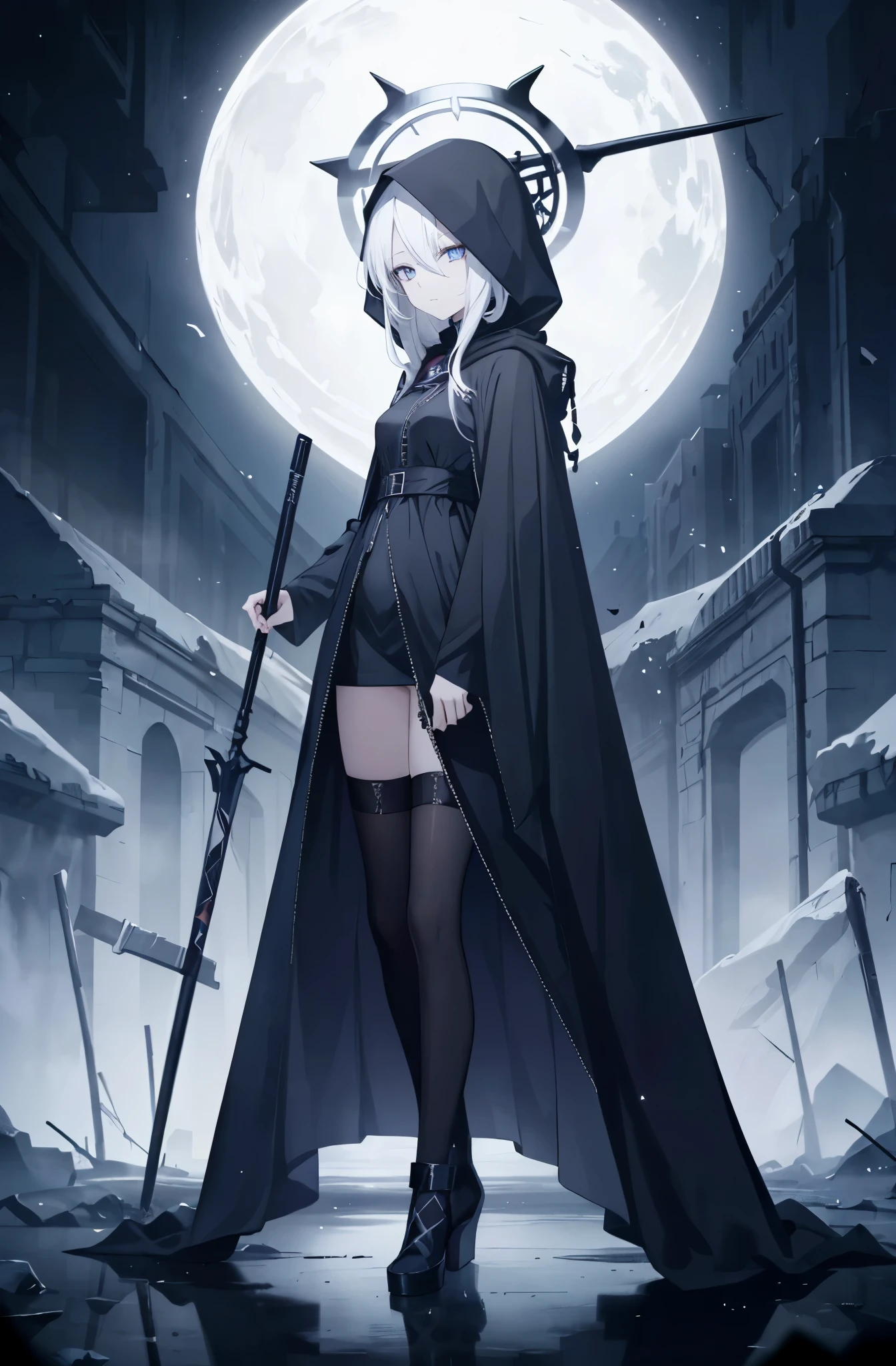 Poker face,Calm eyes,inorganic skin,Bloodless skin,stand,white long straight hair,Hair has turned white,white hair,eyes are blue,eyes shining,Highlights in eyeemale hands,novice,female face,Normal fingers,human finger,There a gray halo on the head,The shape of the halo has elements of death,black death scythe,The Death Scythe as clear as black crystal,Wearing a black death cloak covering the whole body,Wearing a black death hood covering his head,There are black marks on the face,tomorrow ark,tomorrow ark风格,solo,masterpiece,Extremely exquisite and beautiful two-dimensional exquisite painting style,Extremely delicate and delicate,8K high quality,CG wallpaper,HD,Bad milk,Small breasts,Small breasts,solo,There are black marks on the face,Body decorated with elements of death