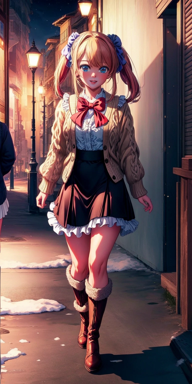 (masterpiece:1.2), best quality, highres, original, (extremely detailed:1.2), ultra-detailed, wallpaper, perfect lighting,(extremely detailed CG:1.2), 8k, anime illustration, 1girl, solo, smiling, (winter outfit:1.2), standing on the street, (knit cardigan:1.1), (bowknot on cardigan:1.25), knee-length skirt, (Ruffled hemline:1.3), winter boots, {delicate|detailed}clothes, (anatomically correct:1.34), close-up, full-body, looking at viewer, frontal, snowy street, (streetlight:1.17), city background, night, unity 4k