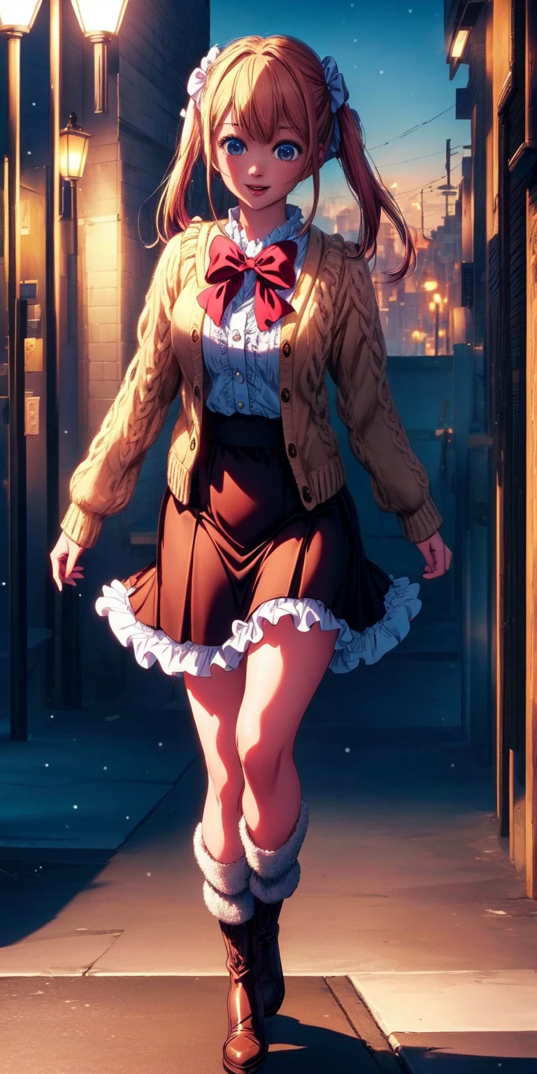 (masterpiece:1.2), best quality, highres, original, (extremely detailed:1.2), ultra-detailed, wallpaper, perfect lighting,(extremely detailed CG:1.2), 8k, anime illustration, 1girl, solo, smiling, (winter outfit:1.2), standing on the street, (knit cardigan:1.1), (bowknot on cardigan:1.25), knee-length skirt, (Ruffled hemline:1.3), winter boots, {delicate|detailed}clothes, (anatomically correct:1.34), close-up, full-body, looking at viewer, frontal, snowy street, (streetlight:1.17), city background, night, unity 4k