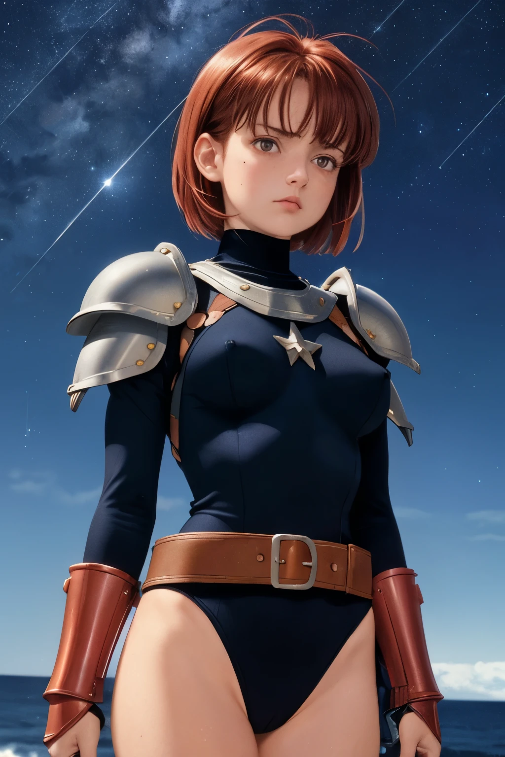 1girl, solo, breasts, short hair, bangs, brown hair, red eyes, medium breasts, closed mouth, upper body, red hair, outdoors, sky, belt, armor, mole, looking to the side, mole under eye, bodysuit, night, turtleneck, ocean, looking away, spiked hair, shoulder armor, star (sky), night sky, starry sky, pauldrons, serious, breastplate, retro artstyle, 1990s (style), blue bodysuit, loose belt, iria