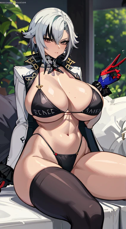 NSFW, 1girl, rough sketch, arlecchino, arlecchino from genshin impact, big tits, super huge tits, micro bikini, tight bikini, cool girl, a quiet and serious girl, badass, sexy pose, jacket, sitting on the sofa, focus on her tits, stockings, short white hair, POV, dominate, intimidating, arrogant expression