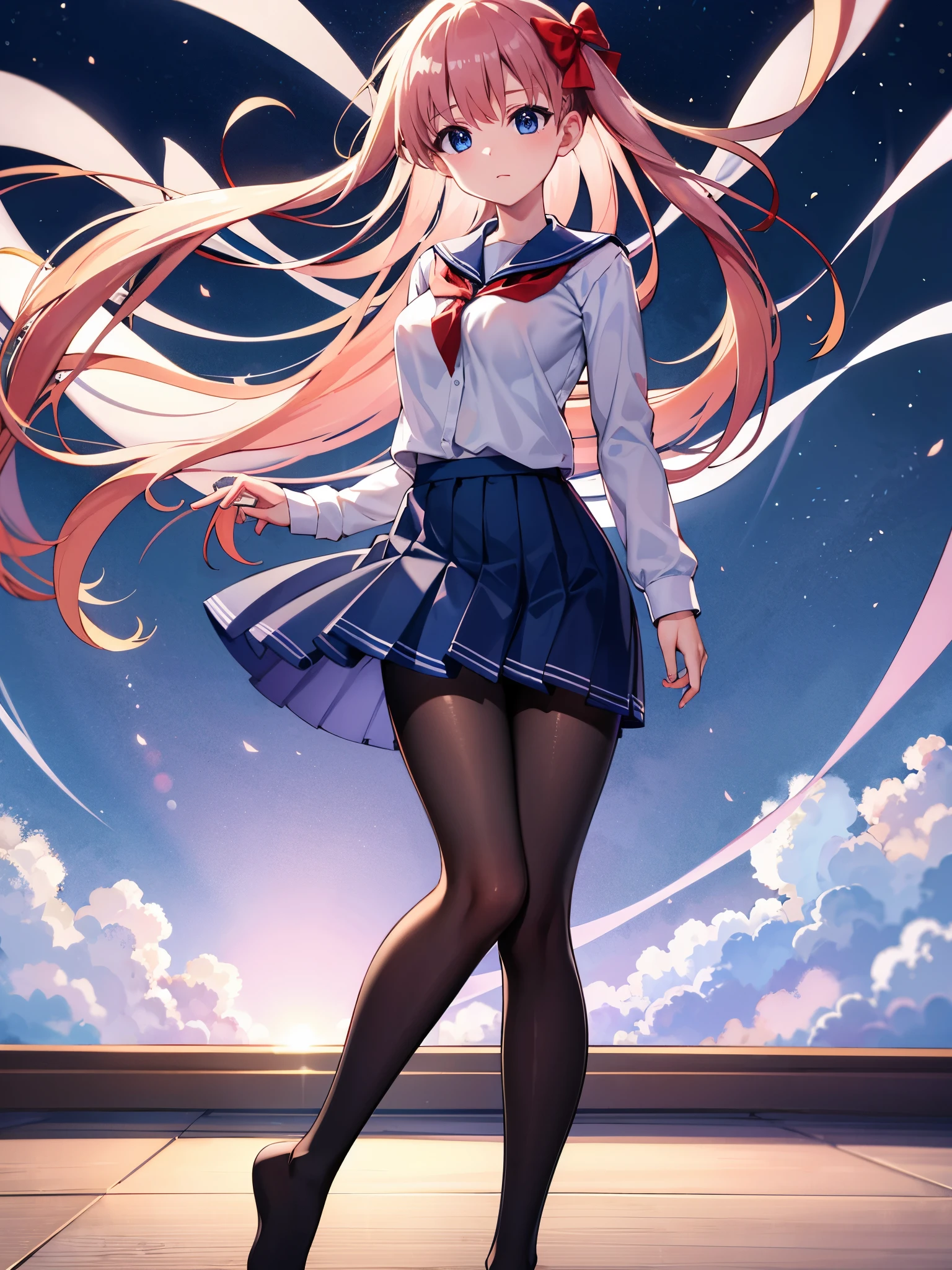 (1 girl),(high quality), (High resolution), (extremely detailed), (8K),(lower body shot),(She is wearing a translucent school uniform and a short navy pleated skirt.),(wearing black pantyhose)not wearing shoes,perfect writing,(Beautifully erect nipple shape:1.2),High resolutionの美しい目,(neutral white lighting:1.2),Dancing in another world with strong winds