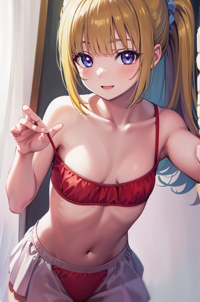 Keikaru Izawa、Karuizawa Kei、long hair、bangs、bangs、bangs、(Purple pupils:1.1)、blonde、hair ornaments、ponytail、Scrunchie、ブルーScrunchie、(small breasts:1.2)、 BREAK underwear、red bra、red ruffled panties、 indoor、Bedroom、 Looking at BREAK viewer、BREAK(masterpiece:1.2)、Highest image quality、High resolution、unified 8k wallpaper、(An illustration:0.8)、(beautiful detailed eyes:1.6)、highly detailed face、perfect lighting、Highly detailed CG、(perfect hands、perfect anatomy)、blush、smile