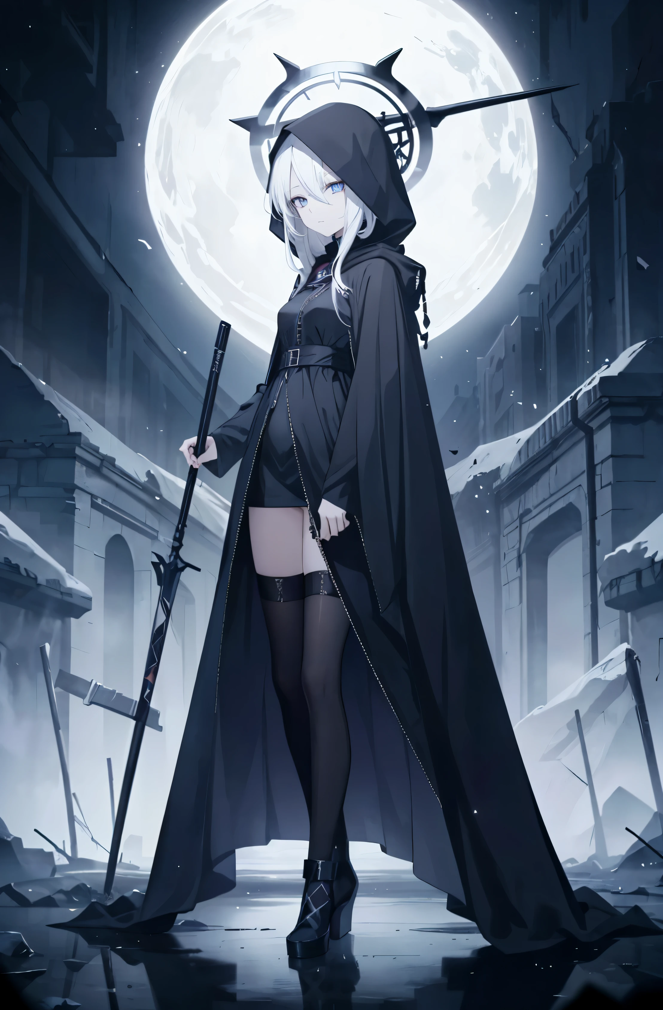 poker face,Calm eyes,Inorganic skin,No blood-colored skin,stand,white long straight hair,Hair has turned white,white hair,eyes are blue,eyes sparkling,Highlights on Eyeemale's Hands,newbie,female face,normal finger,Human fingers,There a gray halo on the head,The shape of the halo carries elements of death,black death sickle,The death scythe as clear as black crystal,Wearing a black death cloak that covers the whole body,Wearing a black death hood,black marks on face,tomorrow ark,tomorrow ark风格,alone,masterpiece,Extremely exquisite and beautiful two-dimensional exquisite painting style,Extremely delicate and delicate,8K high quality,CG wallpaper,HD,bad milk,small breasts,small breasts,alone,black marks on face,body decorated with elements of death