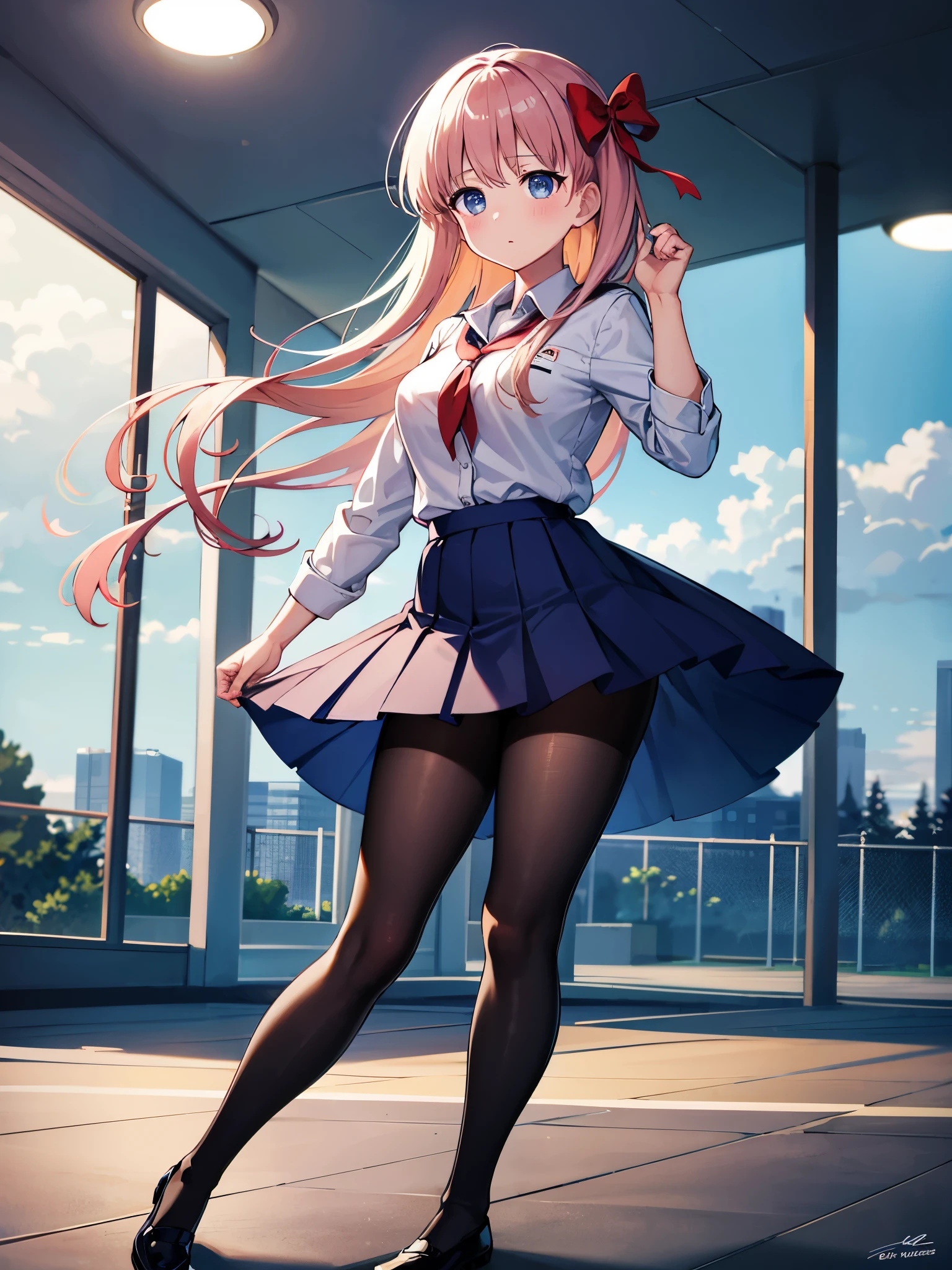 (1 girl),(high quality), (High resolution), (extremely detailed), (8K),(lower body shot),(She is wearing a translucent school uniform and a short navy pleated skirt.),(wearing black pantyhose)not wearing shoes,perfect writing,(Beautifully erect nipple shape:1.2),High resolutionの美しい目,(neutral white lighting:1.2),Dancing in another world with strong winds