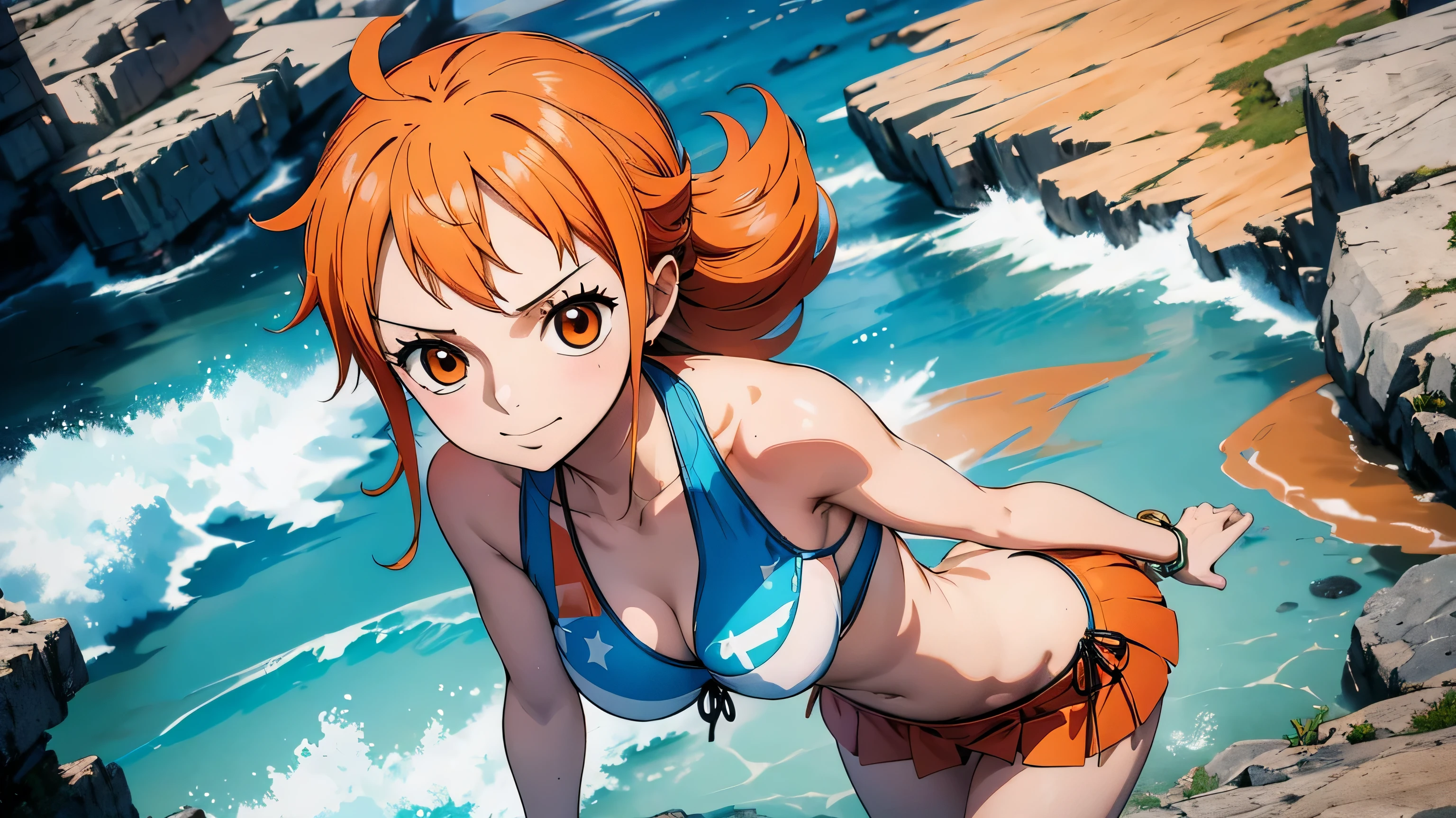 a lonely Nami wears a bikini and red miniskirt, decote , peitos , segurando os peitos , lidas pernas , pernas perfeitas , paisagem bonita , uma obra-prima , arte de anime digital detalhada , Muito detalhes Artgerm haha, deviantart artstation cgsscosiety , fanart melhor artstation, Artgerm. alto detalhamento, peitos grandes, 8k , hdr.